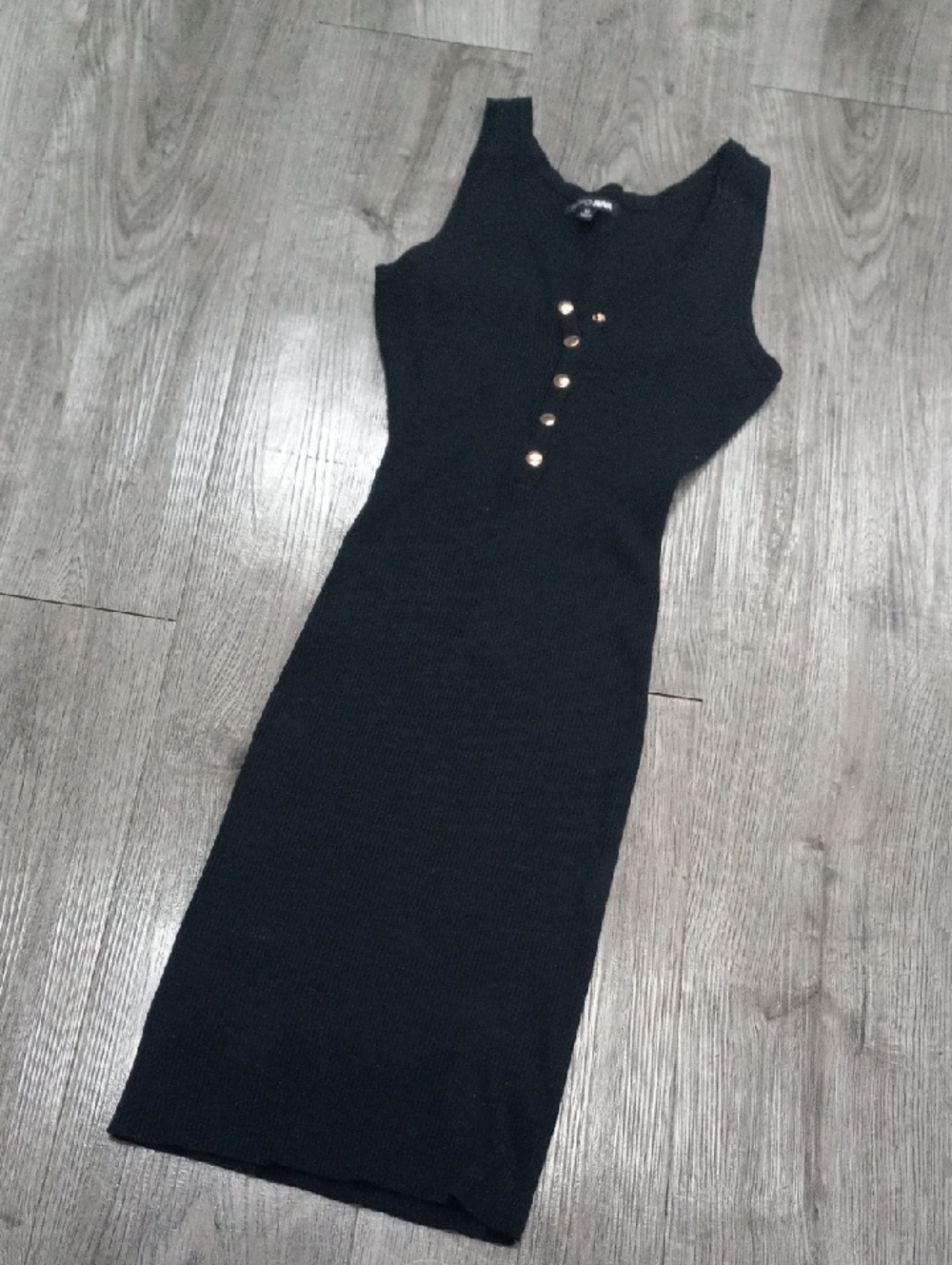 Fashion Nova Black Ribbed Sleeveless Midi Dress with Gold Buttons